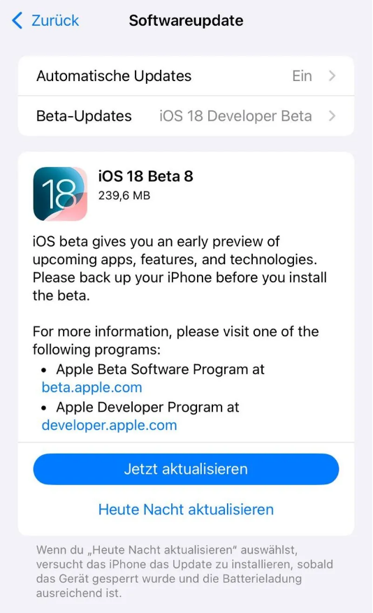 凤岗镇苹果手机维修分享苹果 iOS / iPadOS 18 开发者预览版 Beta 8 发布 